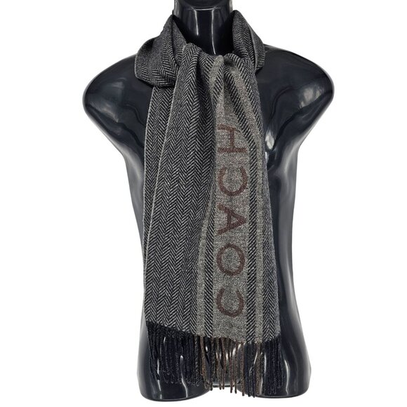 Coach Wool Cashmere Scarf Herringbone & Stripe With Fringe 12"x66" Quiet Luxury - Picture 1 of 9